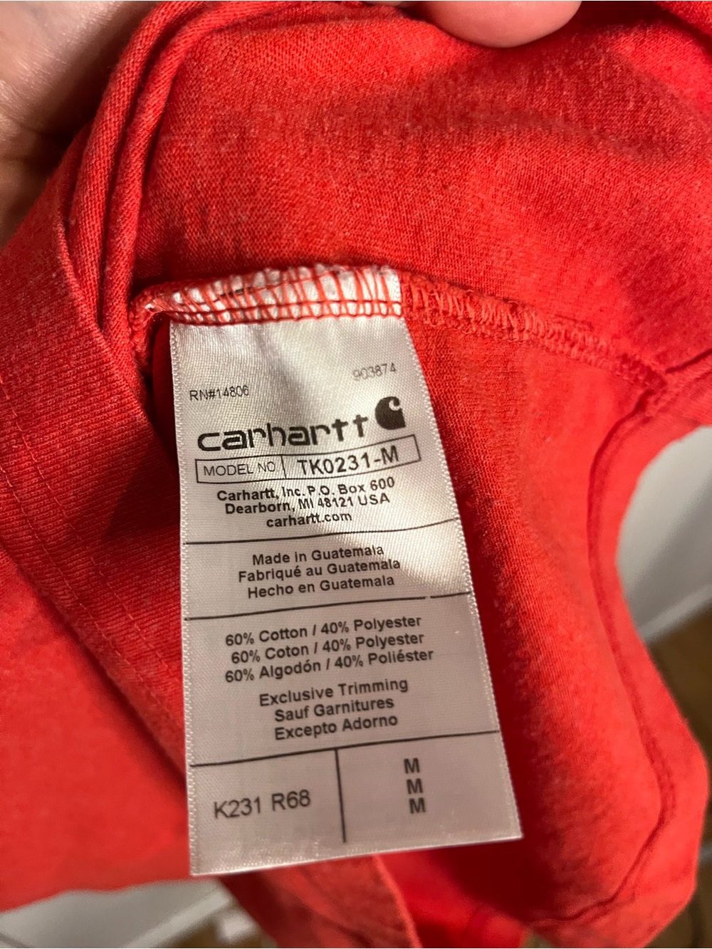 Carhartt Orange/Red Loose Fit Long Sleeve Top. Size Medium. - Picture 4 of 5